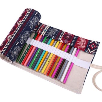 360DSC 48 Hole Canvas Roll-up Wrap Pencil Bag Drawing Brush Holder Thai Elephant Pattern Sketching Case - Dark Blue + Red - Intl