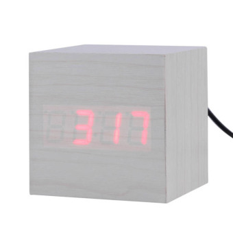 Cube Wooden Digital Alarm Clock Sound-Sensitive Red LED (White)