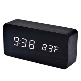 Wooden Table Alarm Clock Time Temperature LED Digital Display for Home Office Black Cover White Light