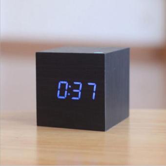 Modern Wooden Wood Digital LED Desk Alarm Clock Thermometer Timer Calendar Black Cover Blue Light