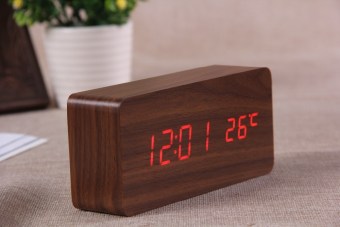 Wooden Table Alarm Clock Time Temperature LED Digital Display for Home Office (Brown Cover Red Light)