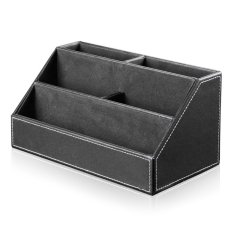 360DSC 5 Compartments PU Leahter Desk Organizer Pen Pencil Business Cards Remote Control Phone Cosmetics Holder Storage Box Home Office Supplies - Black- Intl