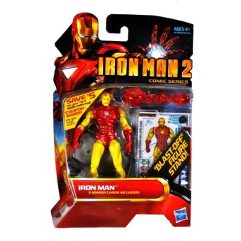 Hasbro Year 2009 IronMan 2 Comic Series 10cm Tall Action Figure Set #26 - IRON MAN with Snap-On Red Repulsor Blast, \"Blast-Off\" Figure Display Stand Plus 3 Armour Cards - intl
