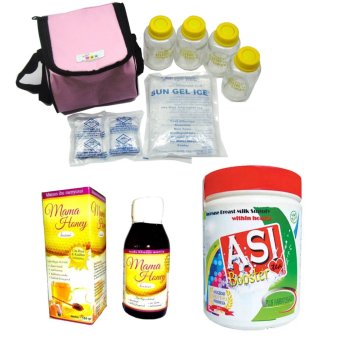 Baby Pax - Cooler Bag Set - Tas Penyimpan ASI + 4 Botol Kaca ASI + 3 Ice Gel + ASI Booster Bundling Tea + Mama Honey - Pink