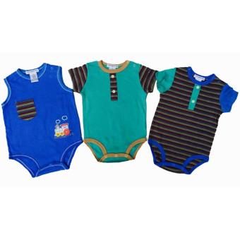 Freeshop Style Round Collar Boy Baby Jumpers Rompers 3 Pcs With Cartoon Train Stripe Import Thailand - Blue