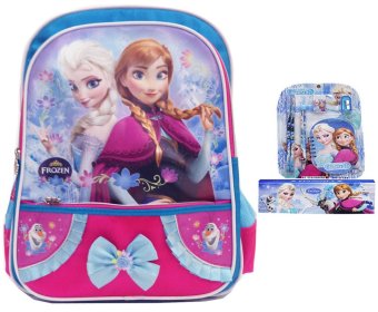 BGC Disney Frozen Tas Ransel Anna Elsa Pita Renda Pink Blue + Kotak Pensil dan Alat Tulis
