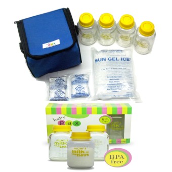 Baby Pax - Bundling Cooler Bag Set Biru (Tas Penyimpan ASI + 4 Botol Kaca ASI + 3 Ice Gel) + 3 Botol Kaca ASI