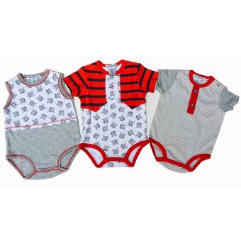 Freeshop Style Round Collar Boy Baby Jumpers Rompers 3 Pcs With Cartoon Cow Stripe Import Thailand - Red