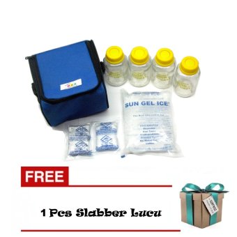 Baby Pax - Cooler Bag Set - Tas Penyimpan ASI + 4 Botol Kaca ASI + 3 Ice Gel - Blue + Gratis Slaber Bayi