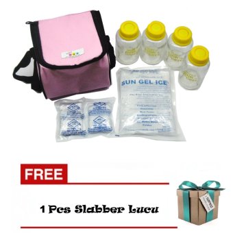 Baby Pax - Cooler Bag Set - Tas Penyimpan ASI + 4 Botol Kaca ASI + 3 Ice Gel Pink + Gratis Slaber Bayi