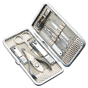 12 buah portabel Stainless Steel gunting kuku Manicure Pedicure kuret pinset alis perawatan kecantikan dengan Case penyimpanan alat Set