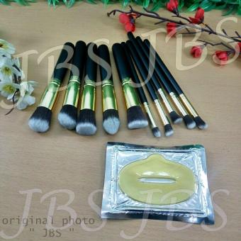 JBS Kuas Makeup Brush Set Cosmetic Blending Pencil Brushes Gold - 10 Pcs With Collagen Lip Mask - Masker Bibir