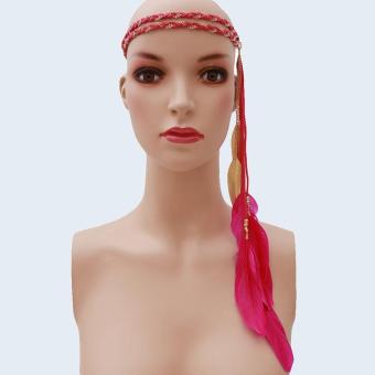 Ai Home Hair Bands Double Chain Knitting Color Feather Leaf Pendant (Rose Red) - intl