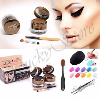 Lucky Kiss Beauty Waterproof Gel Eyeliner + Eyebrow 2 in 1 - 1 Pcs + Oval Brush Foundation- 1 Pcs + Brush Egg Cleaning Brush Tool - 1 Pcs + Pinset komedo - 1 Pcs