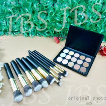 JBS Foundation Cream 15 Colors Cosmetic With Kuas Makeup Brush Set Cosmetic Blending Pencil Brushes Gold - 10 Pcs