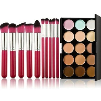 Coconie 10pcs Makeup Brushes Set Powder Foundation Eyeshadow Tool +15 Colors Concealer (Hot Pink)