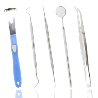 Xcellent Global Set 5 kelas profesional medis kesehatan gigi Kit Stainless Steel peralatan dokter gigi dengan cermin anti-kabut, pinset, karang gigi pengikis, menyelidik dan lidahnya bersih BT019