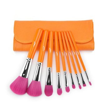 MSQ 9 pcs. makeup brush set brush set of tools to do with orange zipper leather handbag top(Orange)