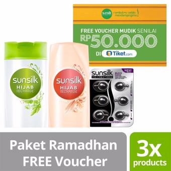Paket Hemat Shampoo Sunsilk Hijab 340ml, Conditioner Hairfall Solution 170ml & Hair Vitamin Black Shine FREE Voucher Tiket.com