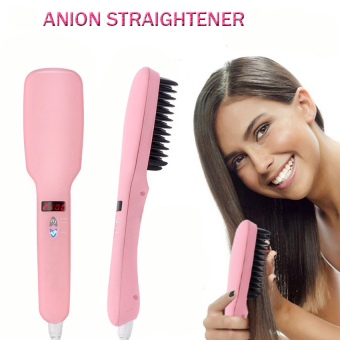 Negative Ions Electric Ceramic Hair Straightener Comb Fast Flat Iron Smooth Comb Straight Brush with LCD(Pink) - Intl