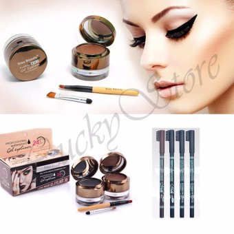 Lucky Kiss Beauty Waterproof Gel Eyeliner + Eyebrow 2 in 1 - 1 Pcs + Menow Eyebrow Pencil + Sikat Waterproof & Longlasting - Coklat - 1 Pcs