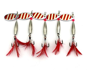5pcs new hengjia spinner fishing lures 11g 8cm 6# red feather fishing hooks hard metal sequin fishing baits wobble bass fishing tackles