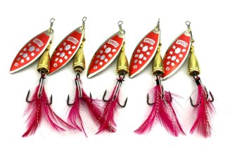 5PCS hengjia spinner fishing lures 10g 8cm 6# red feather fishing hooks hard metal sequin artificial fishing baits wobble bass fishing tackles