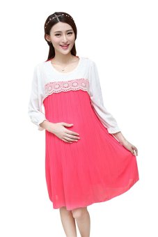 029# Embroidered 3D Lace Patchwork Pleated Chiffon Maternity Dress with Waist Ties Summer and Autumn Clothes for Pregnant Women (Pink)  