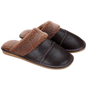 1Pair Men Winter Warm Soft Anti-slip Genuine Leather Slippers for Bedroom Living room Office Apartment Hotel EU 41-42/ US 10-11 Size Dark Brown - intl  