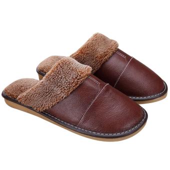 1Pair Men Winter Warm Soft Anti-slip Genuine Leather Slippers for Bedroom Living room Office Apartment Hotel EU 39-40/US 8-9 Size Brown - intl  