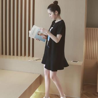 1pc Pregnant Women Casual Short Sleeve Summer Nursing Maternity Dress Black L  