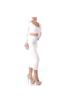 2-in-1 Spring Autumn Long Sleeves Low-cut Women's Slim Fit Short Tops & Skirt Set - Size L White - Intl  