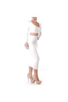 2-in-1 Spring Autumn Long Sleeves Low-cut Women's Slim Fit Short Tops & Skirt Set - Size M White  