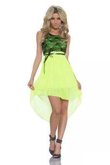 2015 New Women Dress Chiffon Hi-Low Dresses Lace Top Patchwork Party Dress Green N201  