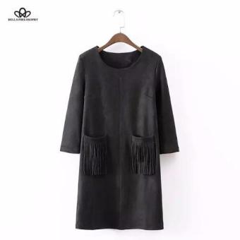 2016 autumn winter new women's pocket tassels fringed faux suede dress long sleeve real photo(black) - intl  