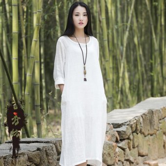 2016 Autumn Women Maxi Dress New Simple Cotton Long-sleeved Gown Dress One Size (White) - intl  