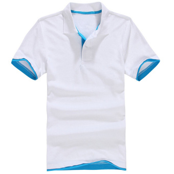 2016 Brand Men's Pure Color Polo Shirt Lapel Cotton Short Sleeve Shirt Sports Jerseys Golf Tennis Shirts-White+Lake Blue - intl  
