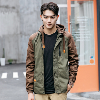 2016 Cotton Hooded Coats Men Autumn Korean Youthful Thin Solid Casual Slim Outwear(Army Green)  