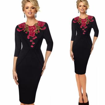 2016 Elegant Applique Flower embroidery V-neck Office Dress Bodycon Female 3/4 Sleeve Sheath Vintage Women Dress ?black? - intl  