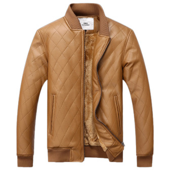 2016 European Style Mens Fashion Quality PU Leather Jacket Velvet Leather Clothing Casual Stand Collar Coat Large size Khaki - intl  