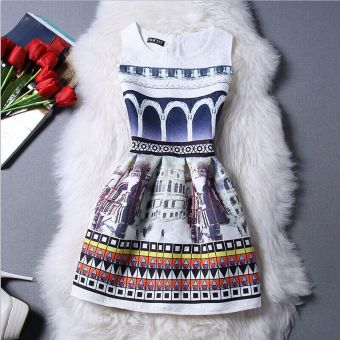 2016 new fashion HOT sale women Retro club party evening print casual evening vintage vestido sleeveless close-fitting slim O-NECK A-line white dress - intl  