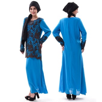 2016 New Muslims Hollow Robes Lace Tunics Maxi Dress Casual, Blue  