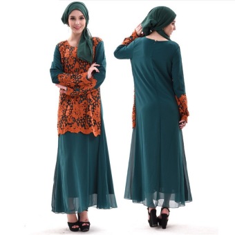 2016 New Muslims Hollow Robes Lace Tunics Maxi Dress Casual, Green  