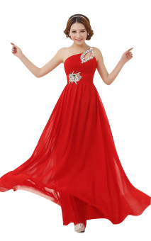 2016 Sexy One Shoulder Bridesmaid Dresses A line Chiffon Sequins Rhinestons Prom Gowns Evening Dresses For Wedding Guest Dress Red HA-04R - Intl  