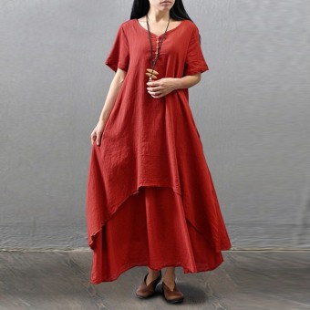 2016 Sexy Women Casual Short Sleeve Cotton Linen Dresses Long Maxi Vestidos Plus Size S-5XL Fashion Summer Dress Red - intl  