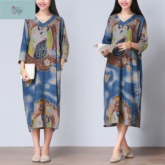 2016 Spring New Plus Size Women Folk Style Long-sleeved V-neck Cotton and Linen Printed Dress Vintage Dress Vestidos 6130 - intl  