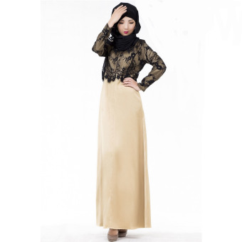 2016 Summer New Women Long Sleeve Casual Lace fake two pieces Muslim Dress (Khaki) - intl  