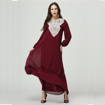 2016 Summer New Women Long Sleeve Loose Casual Pearl Chiffon Muslim Dress (Red) - intl  