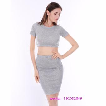 2016 Summer Women Club Dress Two Piece Outfits Bodycon Midi Dress Sexy Party Night Club Vestidos Gray Dresses - intl  