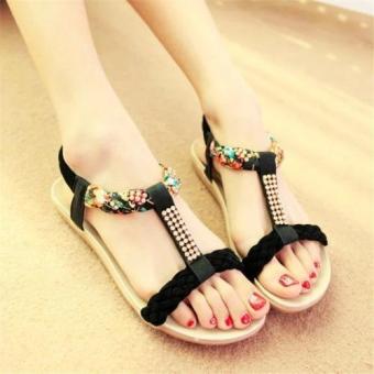 2016 Summer Women Fashion Flat Sandals Boho Wind Sandals (Black) - intl  